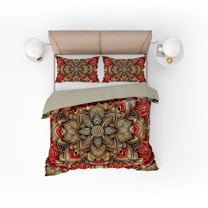 Red Gold Blossom Mandala Reversible Quilt Cover Duvet Cover Set - Adore India   