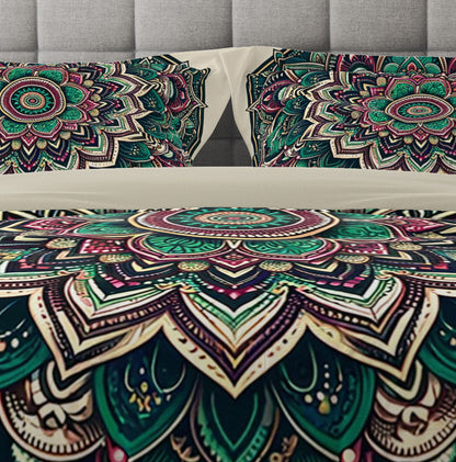 Green Beige Bohemian Lotus Reversible Quilt Cover Duvet Cover Set - Adore India   