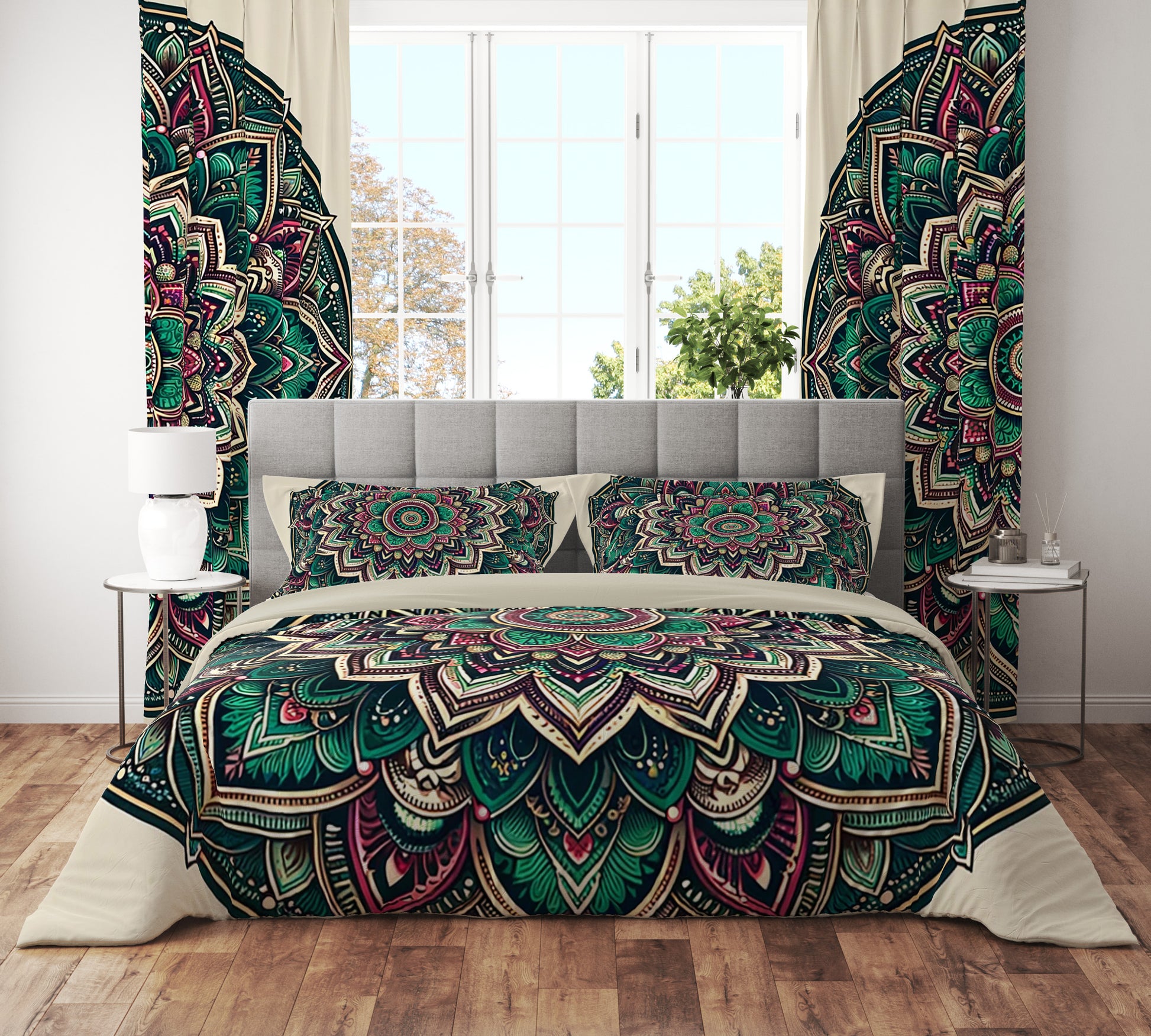 Green Beige Bohemian Lotus Reversible Quilt Cover Duvet Cover Set - Adore India   