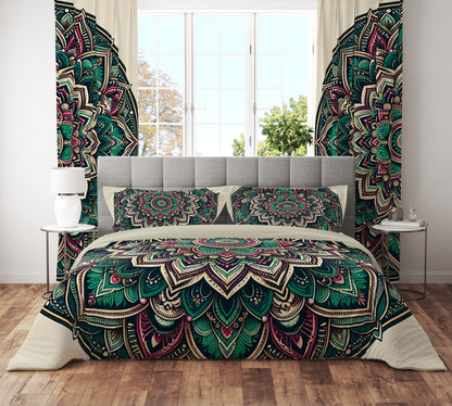 Green Beige Bohemian Lotus Reversible Quilt Cover Duvet Cover Set - Adore India   
