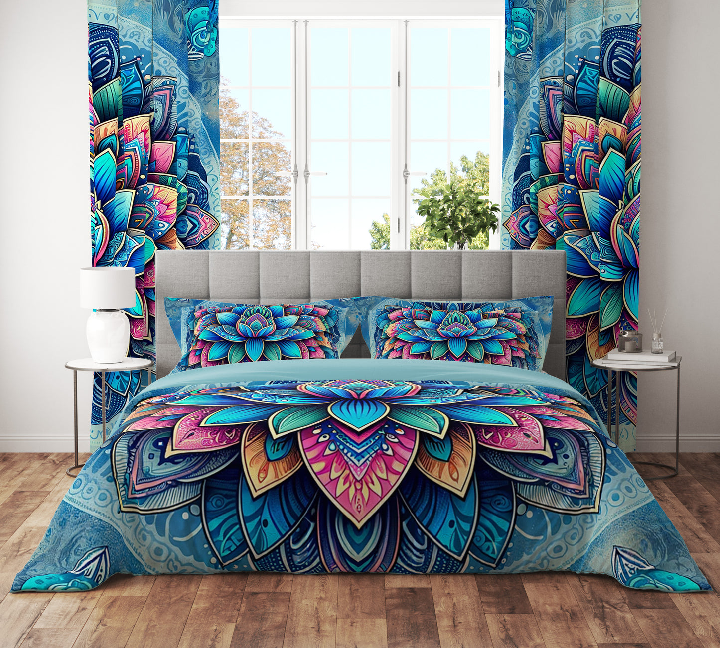 Blue Bohemian Lotus Reversible Quilt Cover Duvet Cover Set - Adore India   