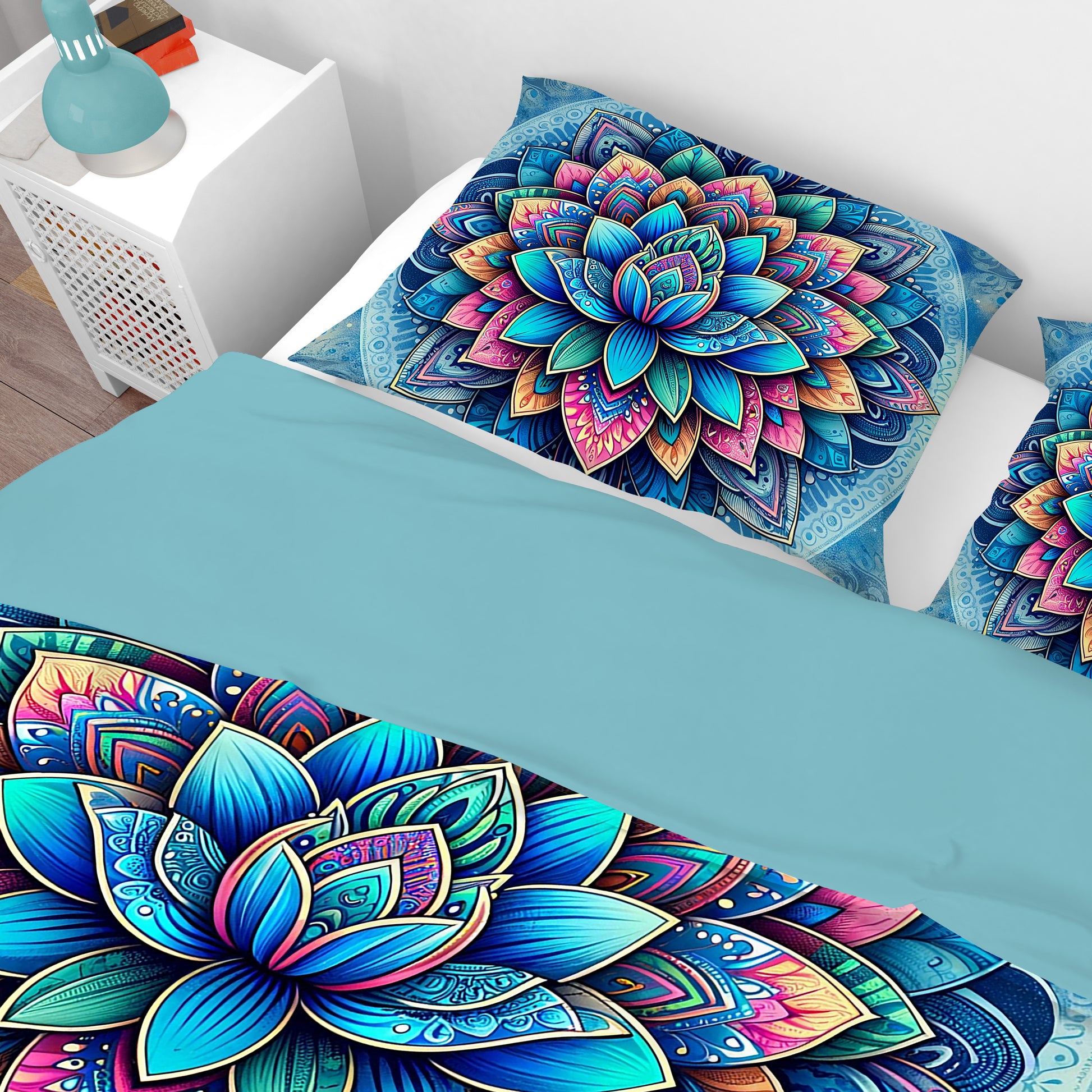Blue Bohemian Lotus Reversible Quilt Cover Duvet Cover Set - Adore India   