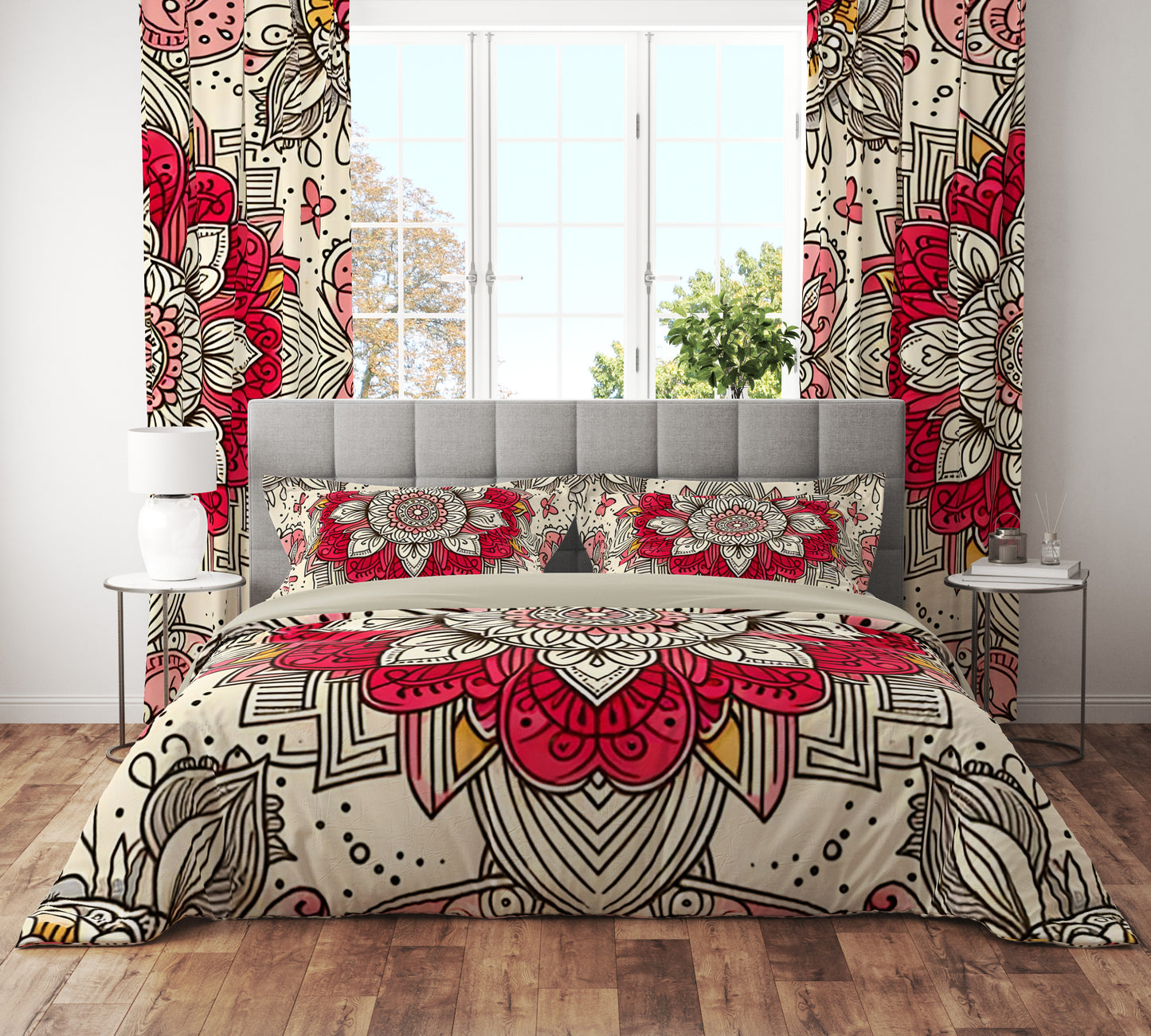 Bohemian Red Blossom Mandala Reversible Quilt Cover Duvet Cover Set - Adore India   