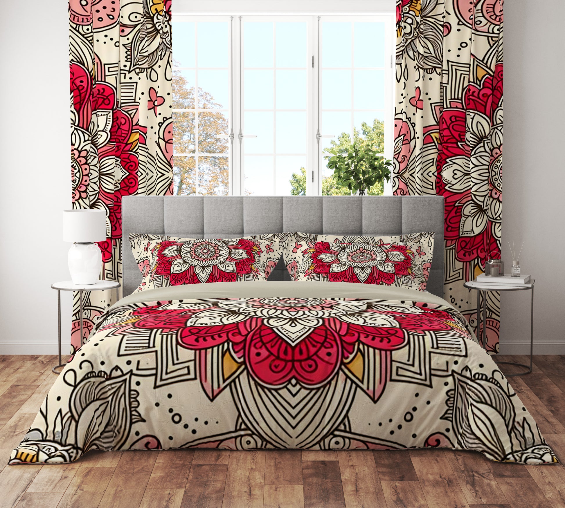 Bohemian Red Blossom Mandala Reversible Quilt Cover Duvet Cover Set - Adore India   