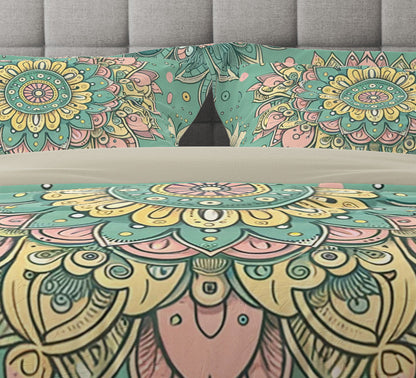 Green Pink Pleasant Mandala Reversible Quilt Cover Duvet Cover Set - Adore India   