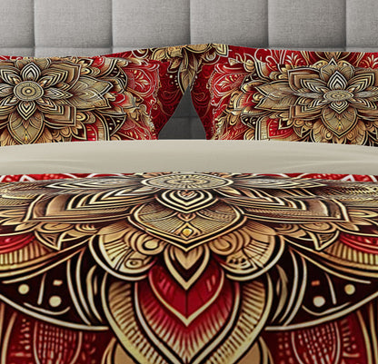Red Gold Blossom Mandala Reversible Quilt Cover Duvet Cover Set - Adore India   