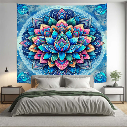 Bohemian Colourful Blue Lotus Mandala Tapestry Psychedelic Wall Hanging Boho Decor - Adore India   