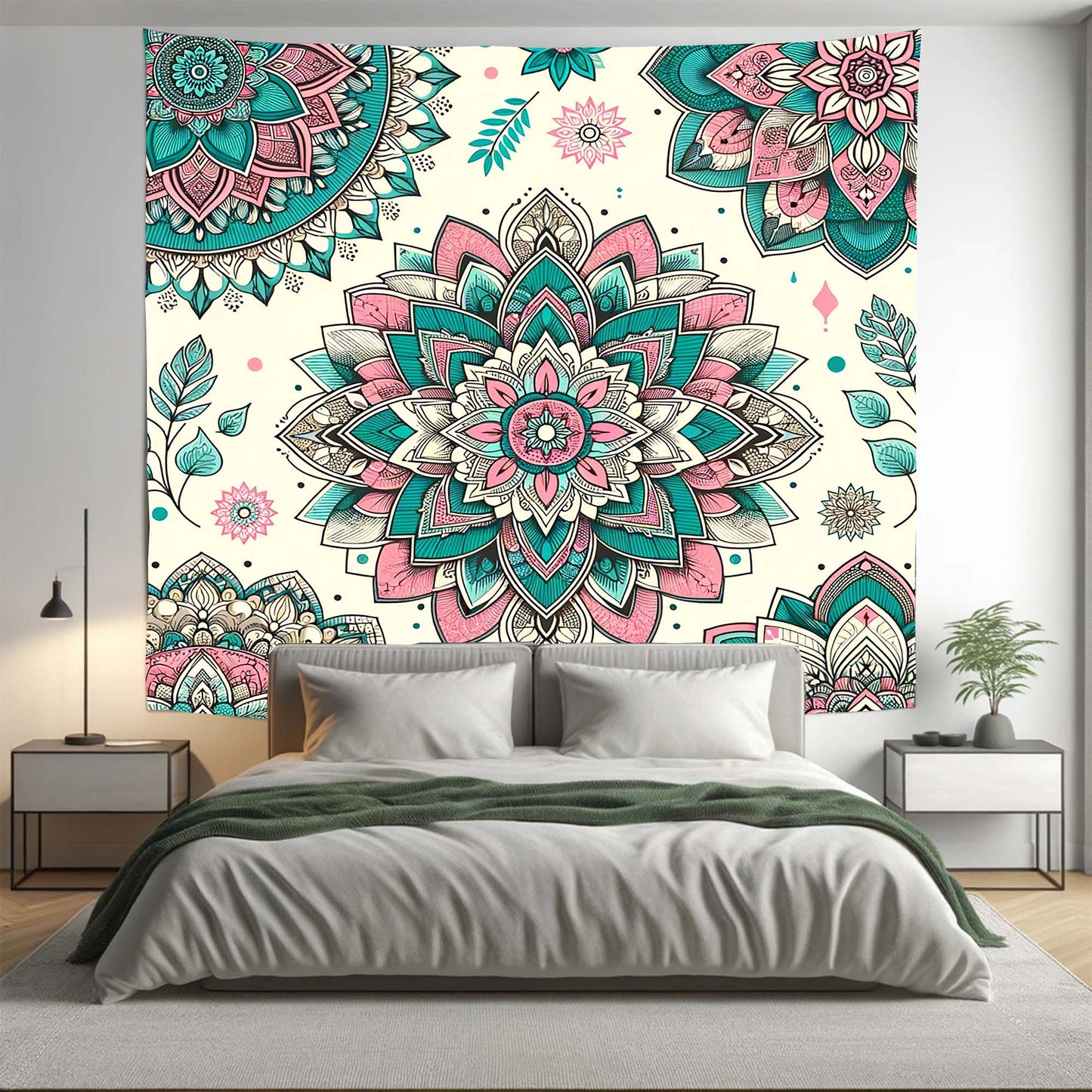 Bohemian Teal Beige Floral Mandala Tapestry Psychedelic Wall Hanging Boho Decor - Adore India   