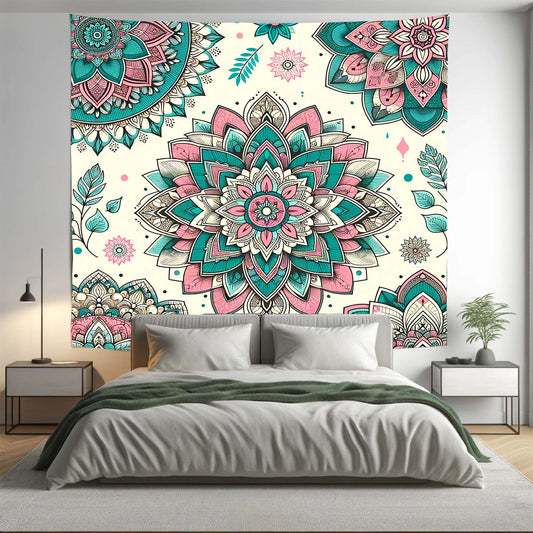 Bohemian Teal Beige Floral Mandala Tapestry Psychedelic Wall Hanging Boho Decor - Adore India   