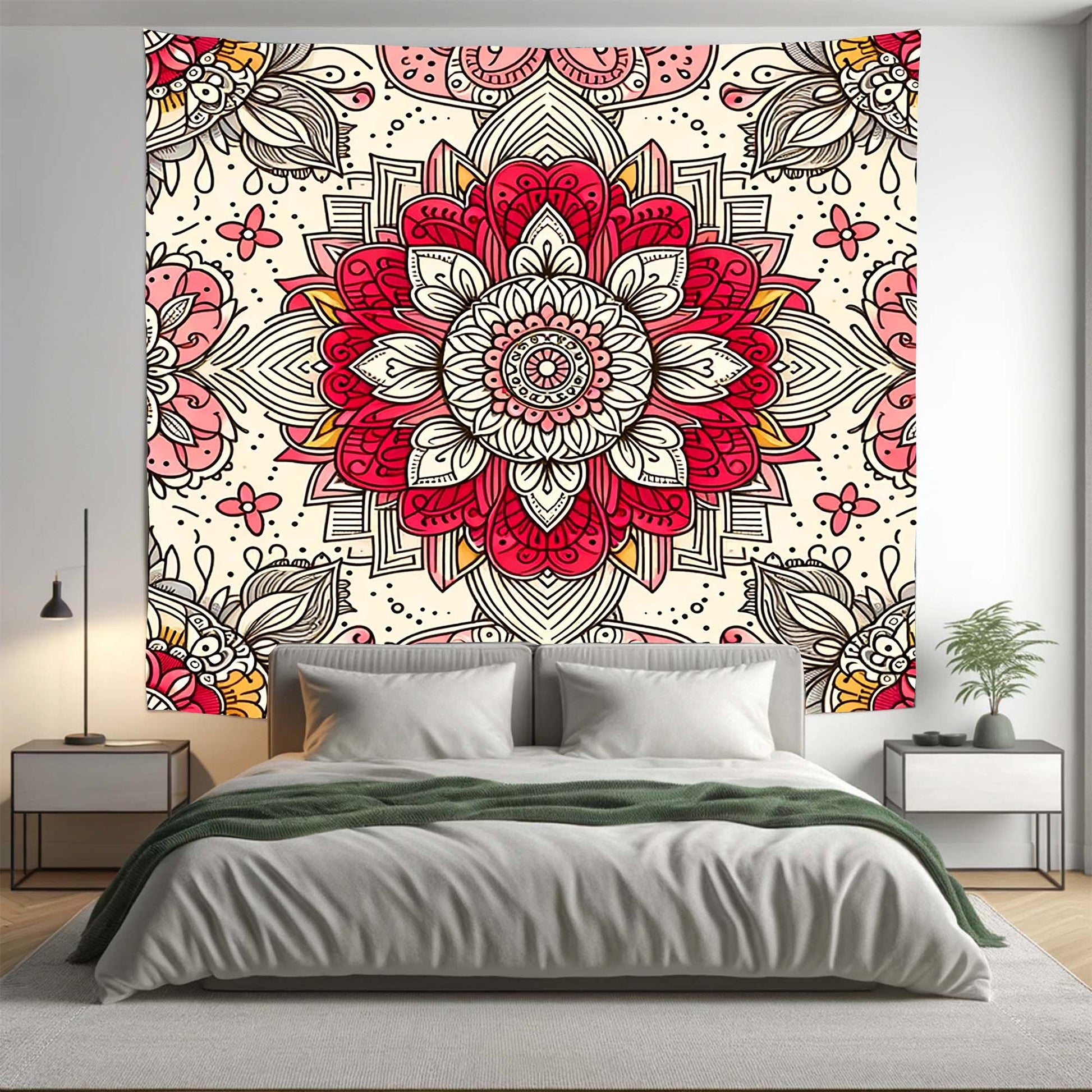 Bohemian Red ABS Floral Mandala Tapestry Psychedelic Wall Hanging Boho Decor - Adore India   