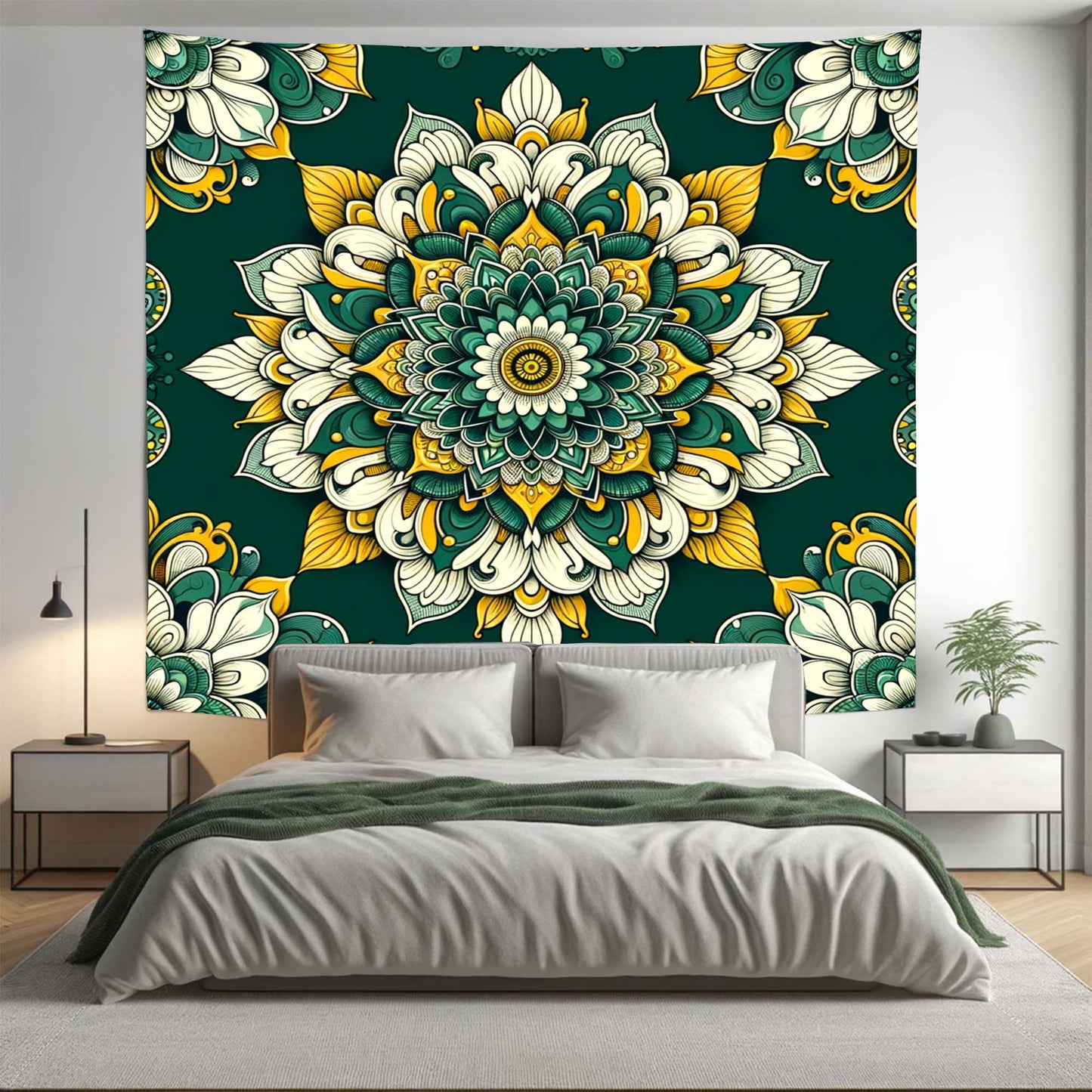 Bohemian Green Yellow Floral Mandala Tapestry Psychedelic Wall Hanging Boho Decor - Adore India   