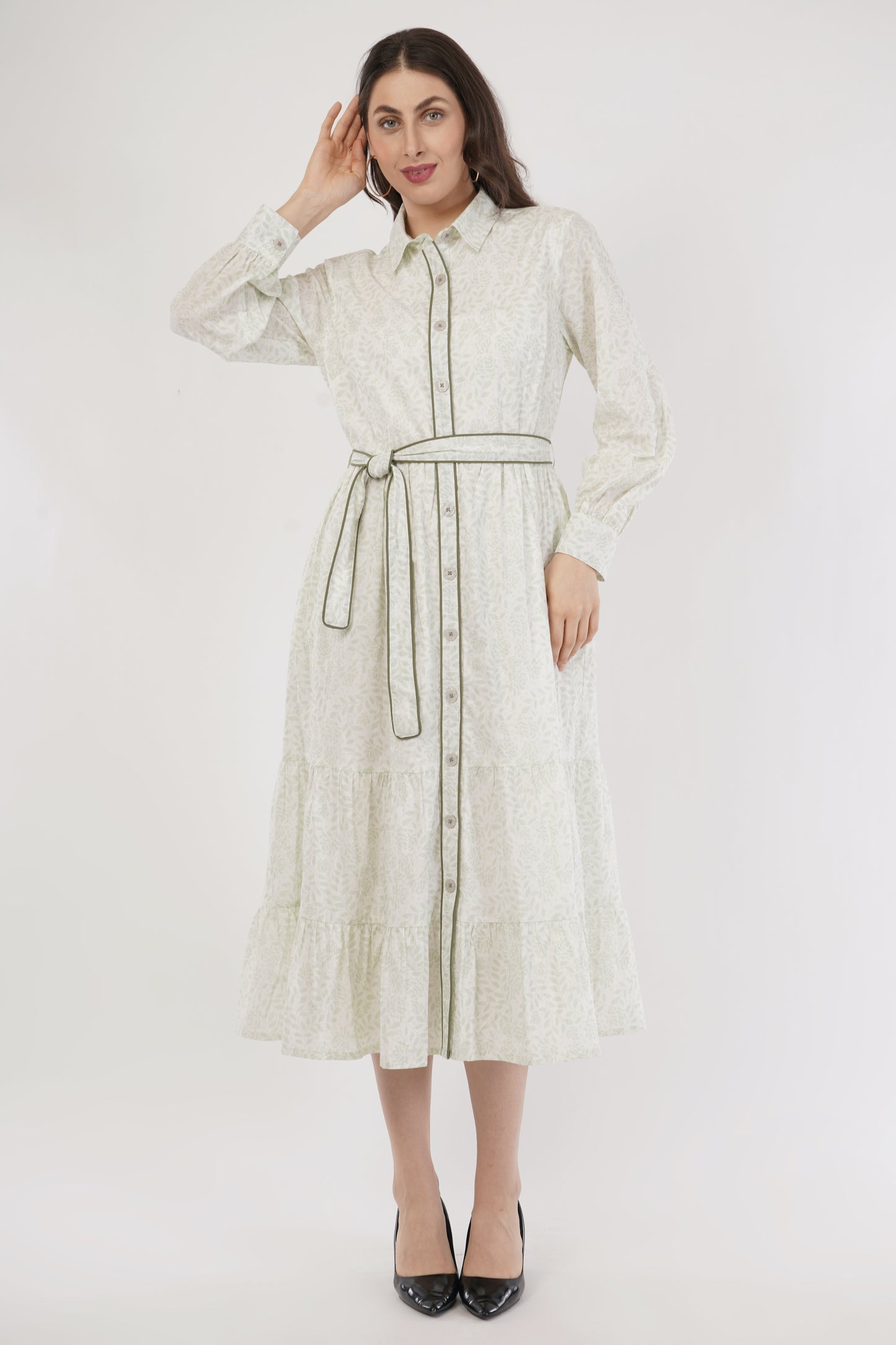 Mabel Long Cotton Boho Shirt Dress with Contrast Piping