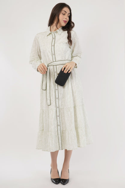 Mabel Long Cotton Boho Shirt Dress with Contrast Piping
