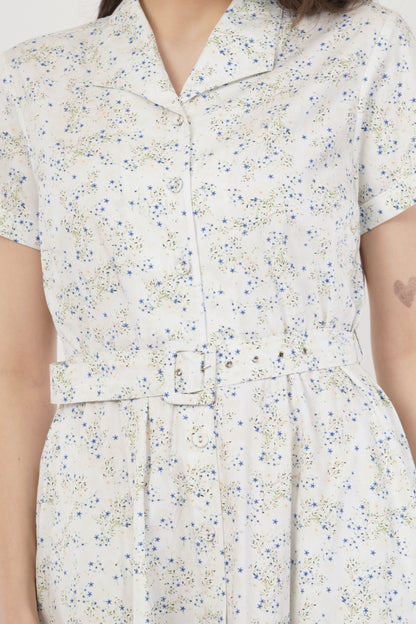 Marjorie White Floral Cotton Shirt Dress with Belt