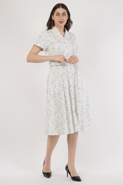 Marjorie White Floral Cotton Shirt Dress with Belt