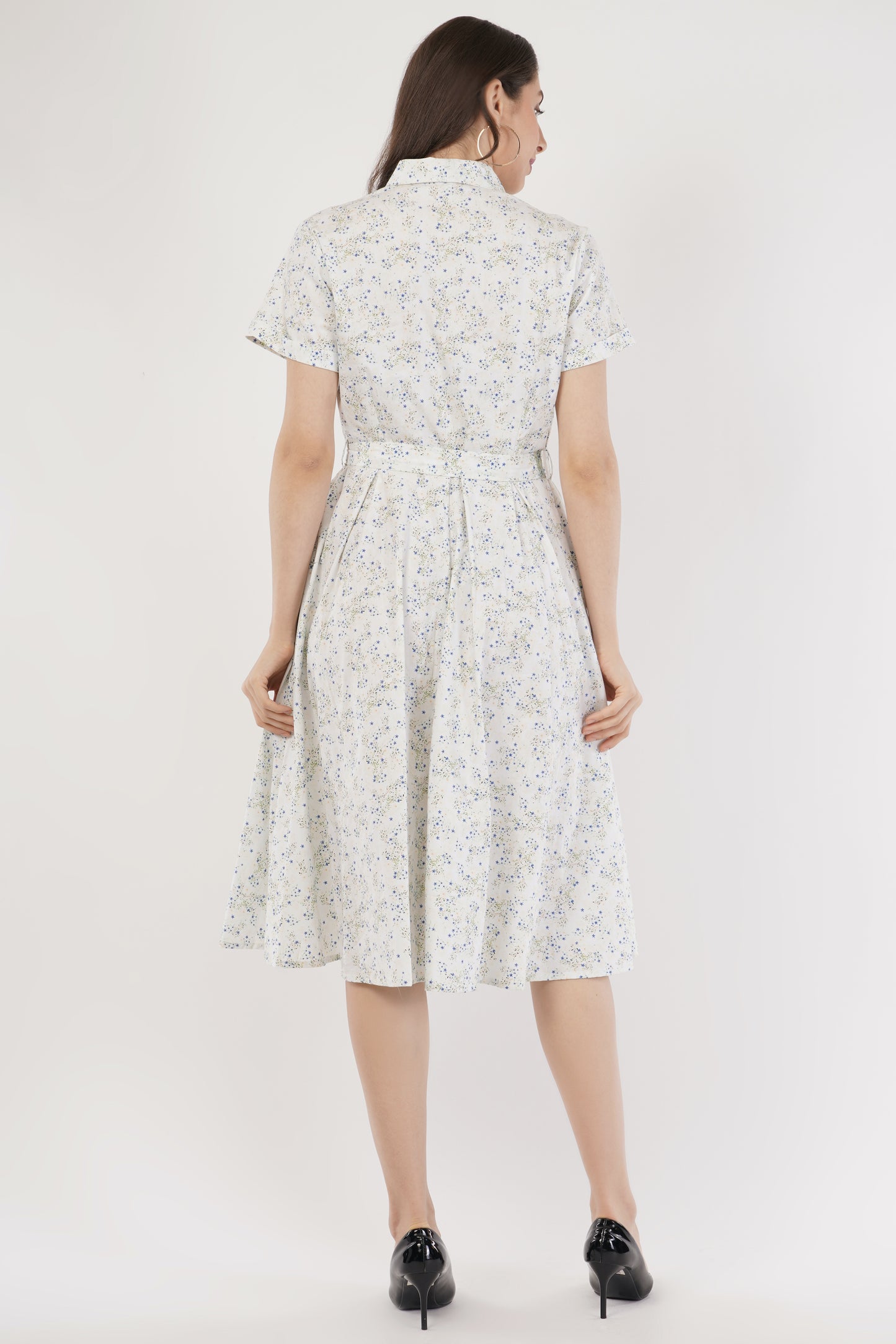 Marjorie White Floral Cotton Shirt Dress with Belt
