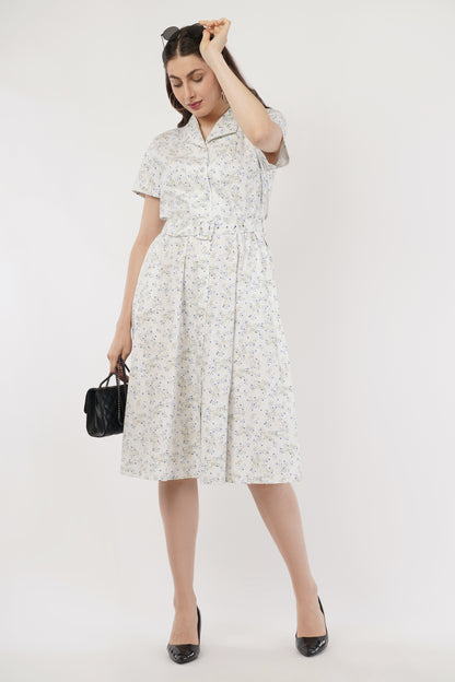 Marjorie White Floral Cotton Shirt Dress with Belt
