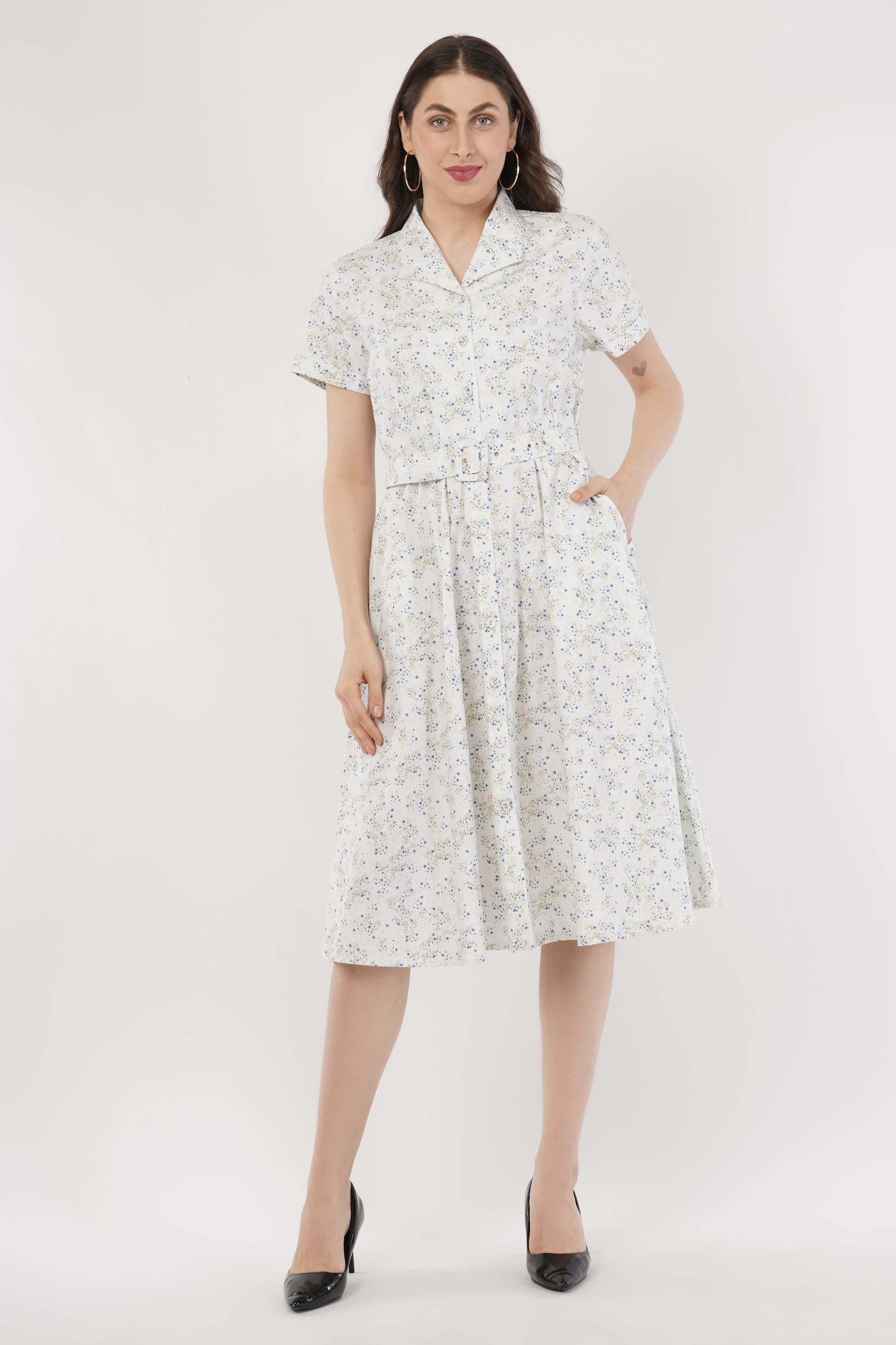 Marjorie White Floral Cotton Shirt Dress with Belt