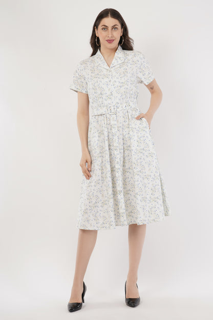 Marjorie White Floral Cotton Shirt Dress with Belt