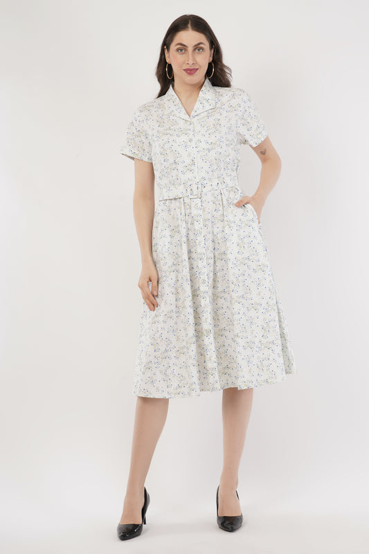 Marjorie White Floral Cotton Shirt Dress with Belt