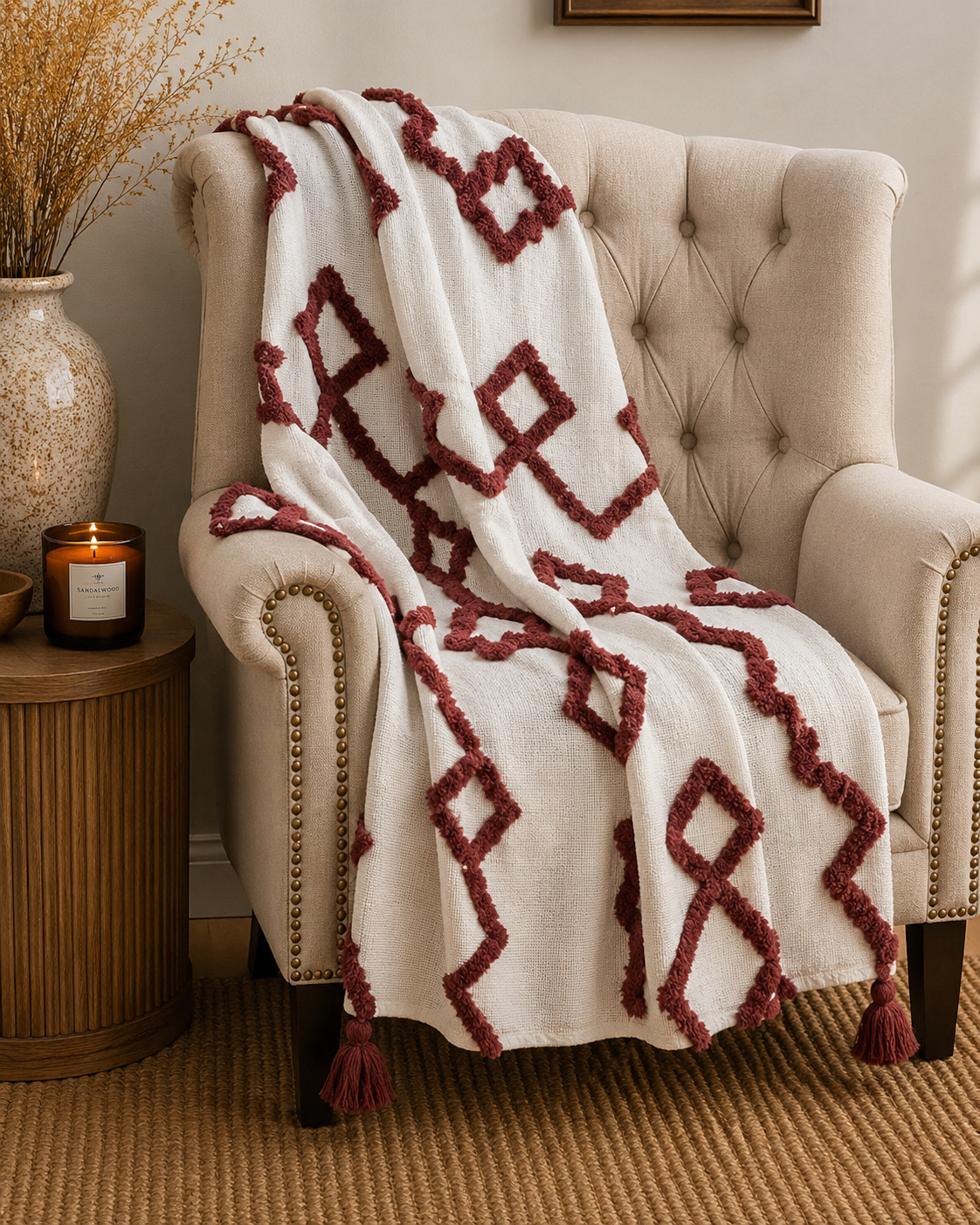 Bohemian Burgundy Cotton Bedding Tufted Throw Blanket