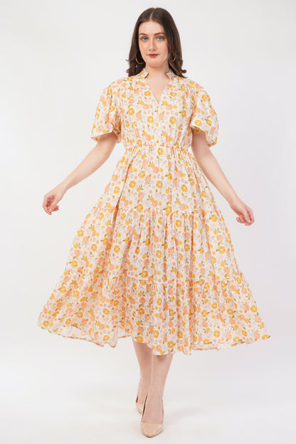 Matilda Bohemian Cotton Summer Midi Dress with Floral Print