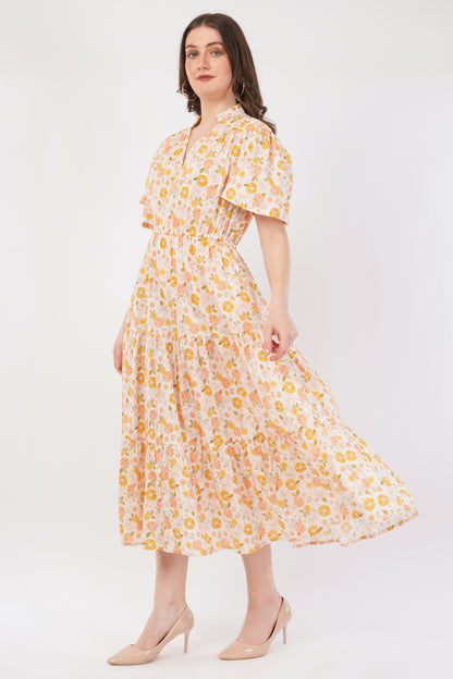 Matilda Bohemian Cotton Summer Midi Dress with Floral Print