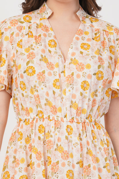 Matilda Bohemian Cotton Summer Midi Dress with Floral Print