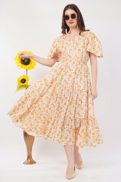 Matilda Bohemian Cotton Summer Midi Dress with Floral Print