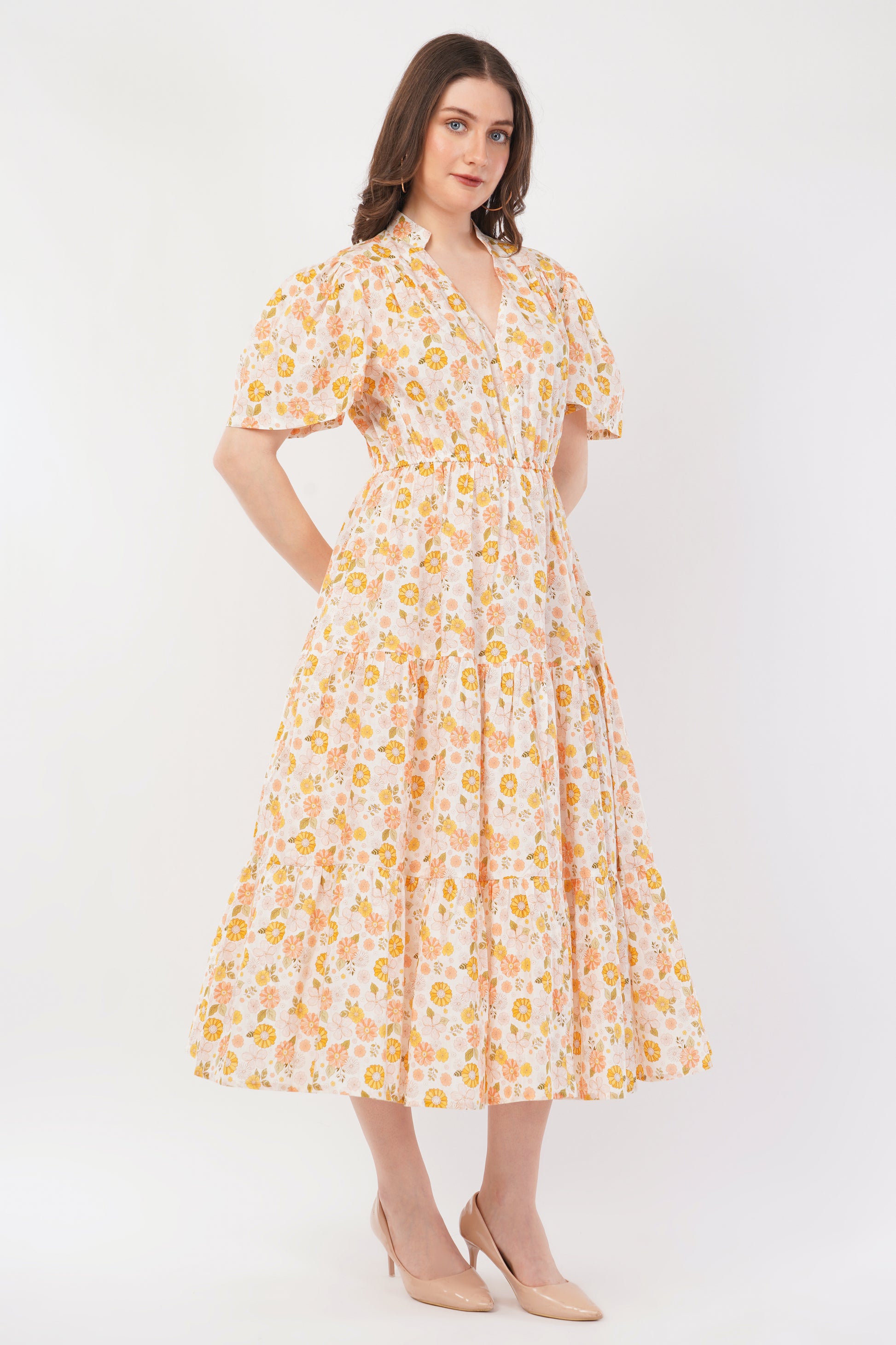 Matilda Bohemian Cotton Summer Midi Dress with Floral Print