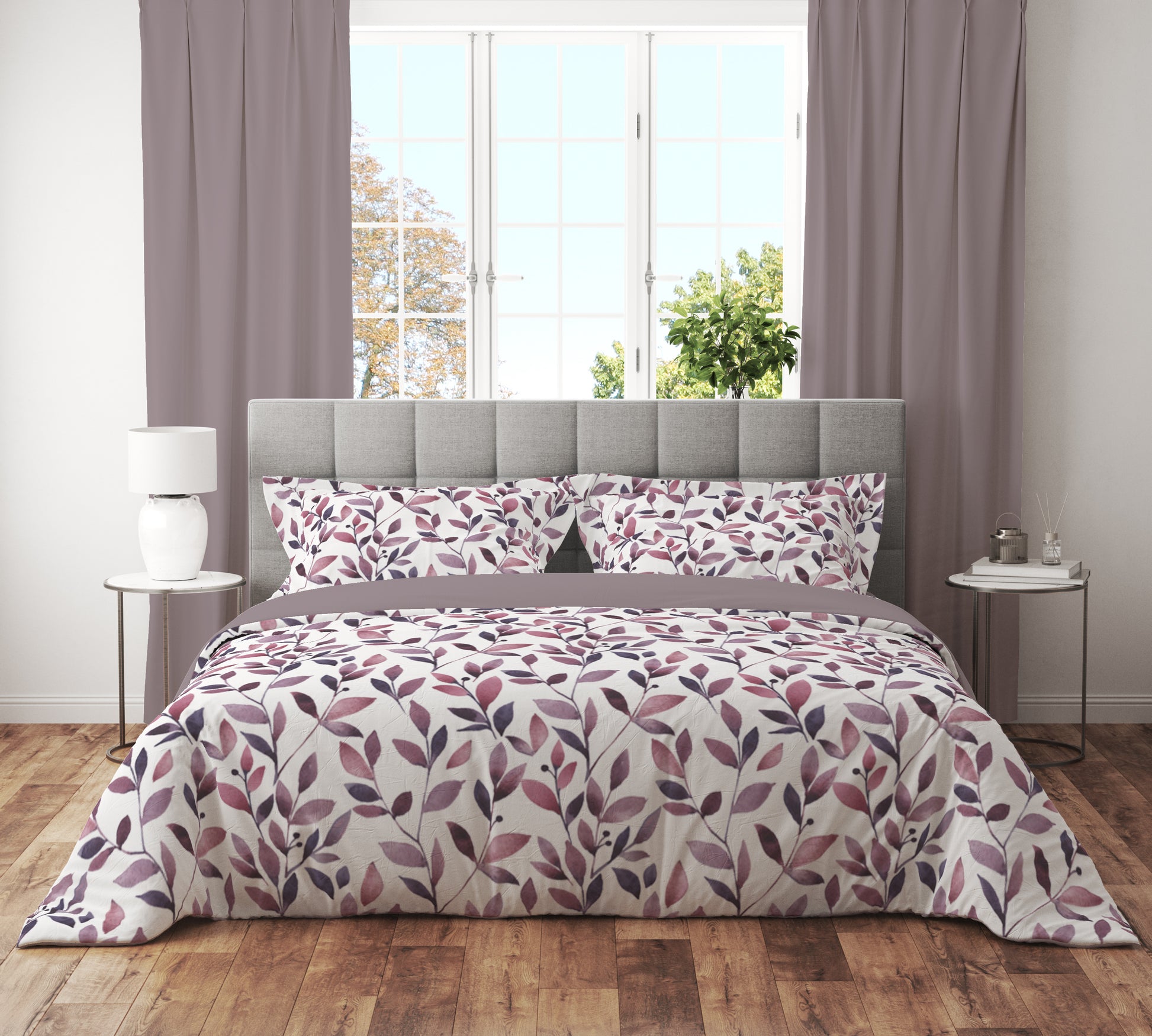 Watercolour Leaf Stem Mauve Quilt Cover Set - Serene Elegance for Your Sleep Haven - Adore India   