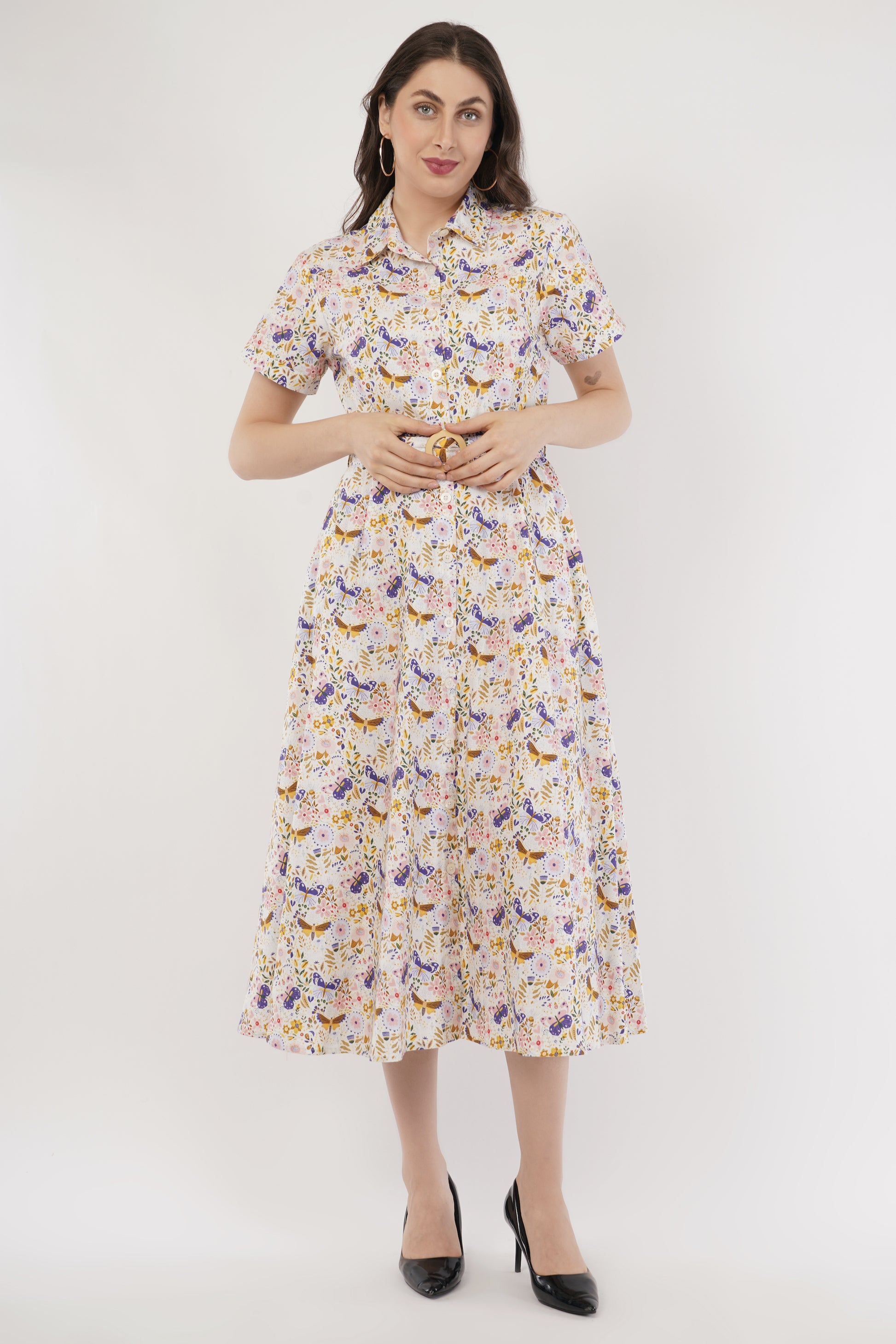 May Cotton Collared Butterfly Print Belted Midi Dress