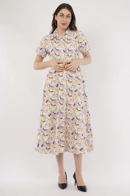 May Cotton Collared Butterfly Print Belted Midi Dress
