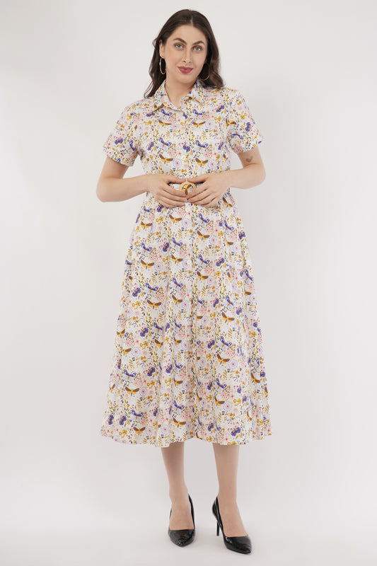 May Cotton Collared Butterfly Print Belted Midi Dress