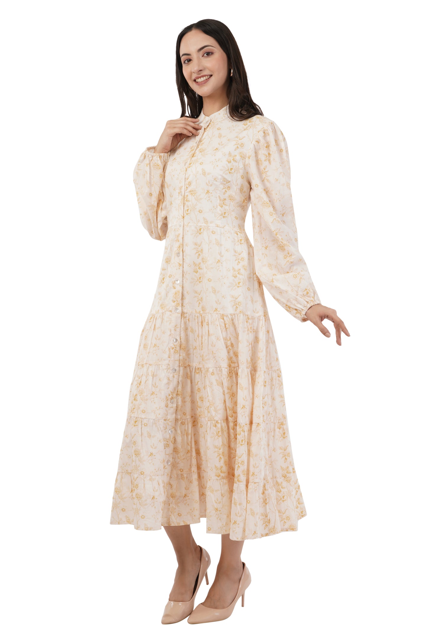 Melora Floral Tiered Long Sleeve Cotton Long Maxi Dress
