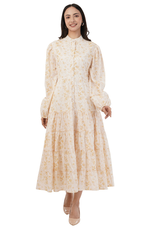 Melora Floral Tiered Long Sleeve Cotton Long Maxi Dress