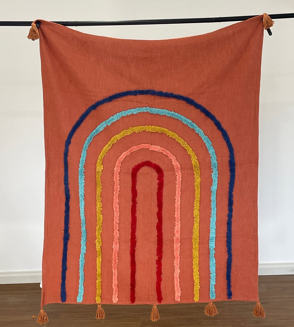 Minimalistic Mauve Rainbow Cotton Tufted Bedding Throw Blanket - Adore India   