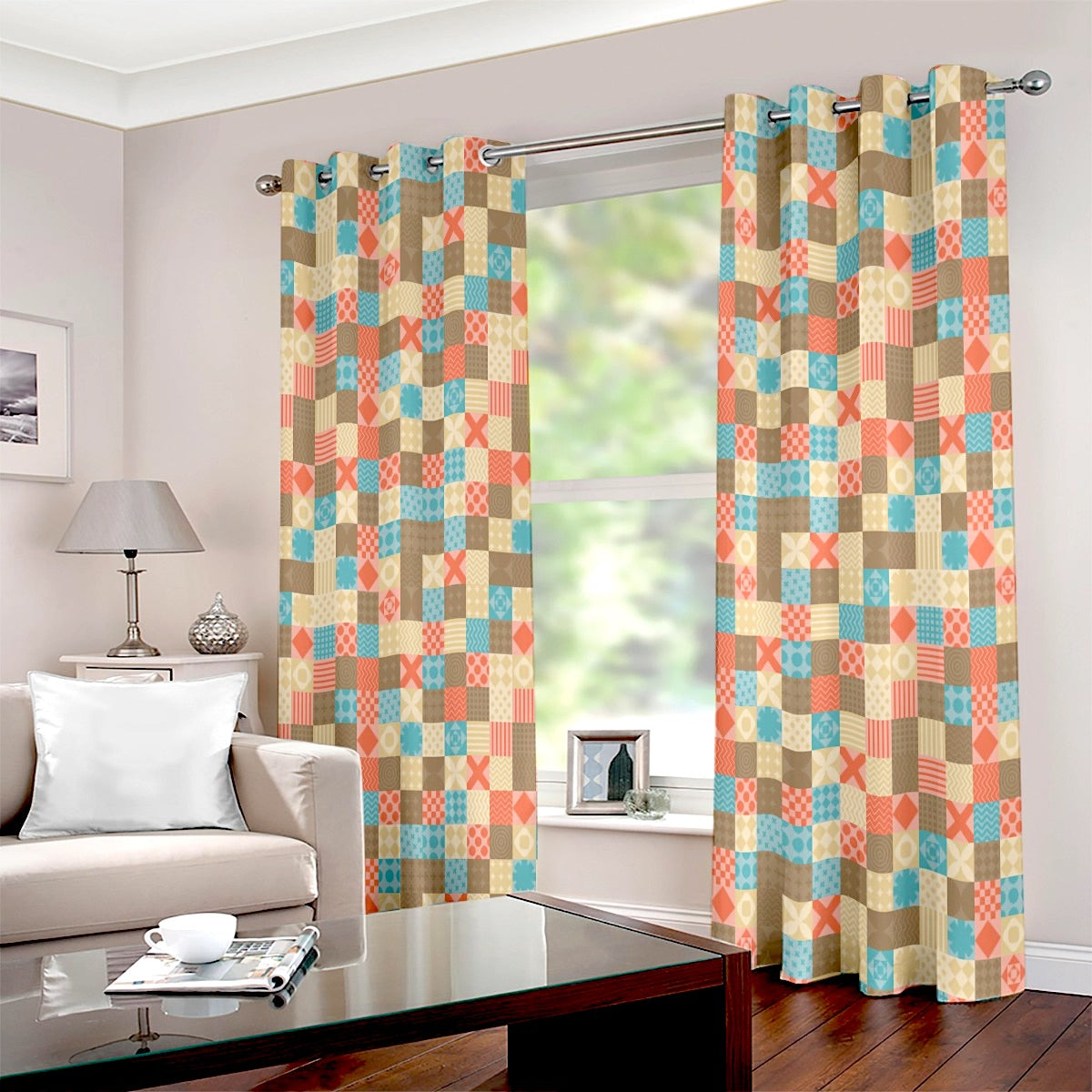 Multi Colour Geometrical Printed Eyelet Curtain - Adore India   