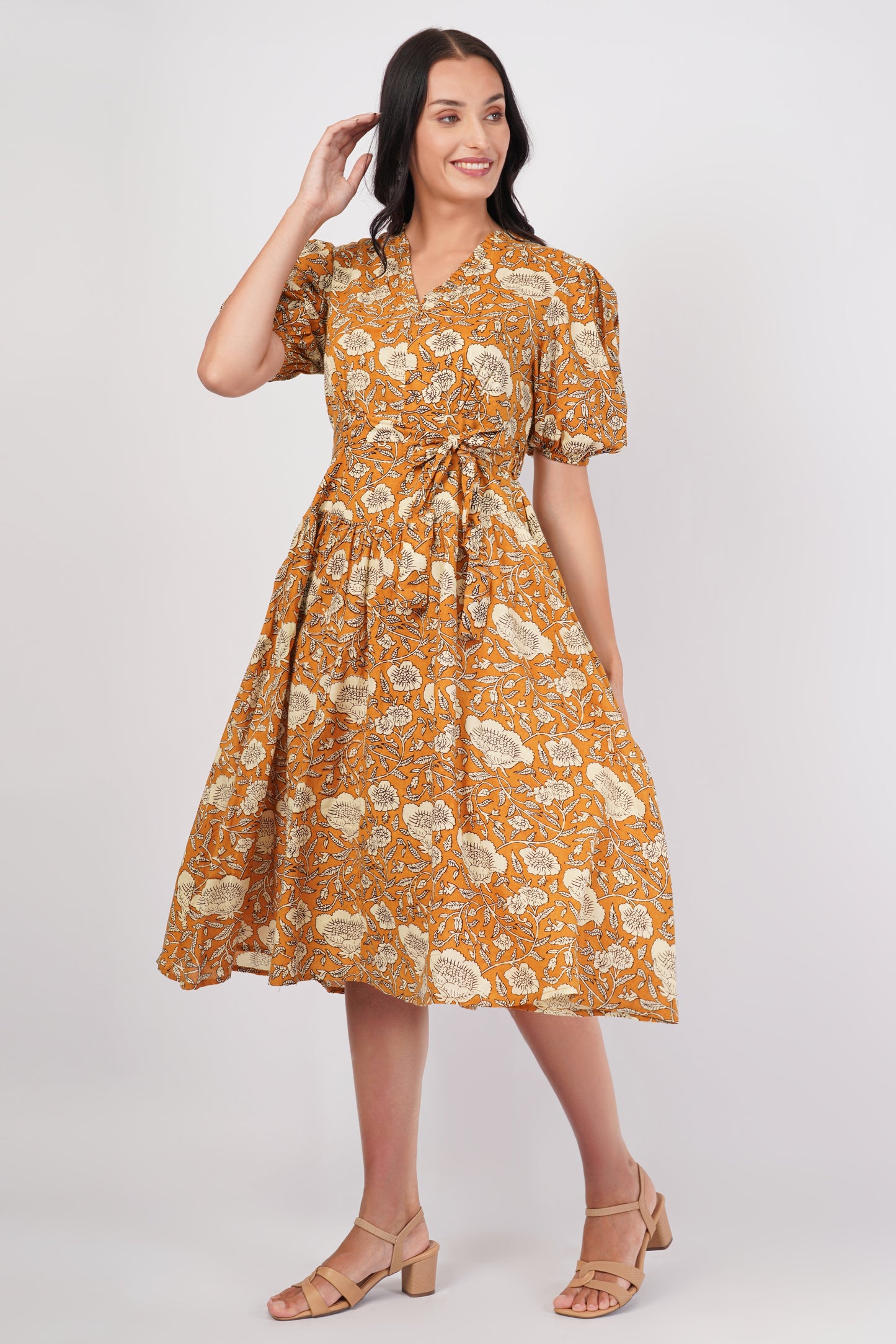 Sunpetal Bloom V-Neck Cotton Dress – Mustard Yellow Floral Midi