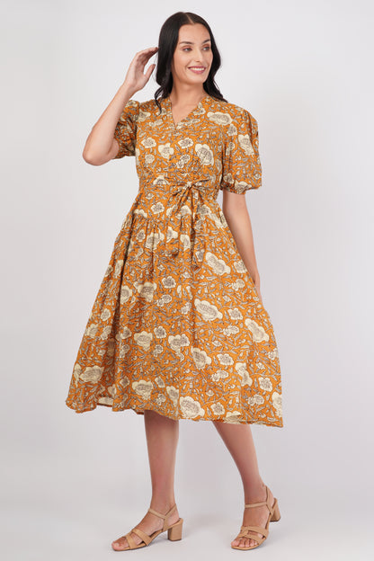 Sunpetal Bloom V-Neck Cotton Dress – Mustard Yellow Floral Midi