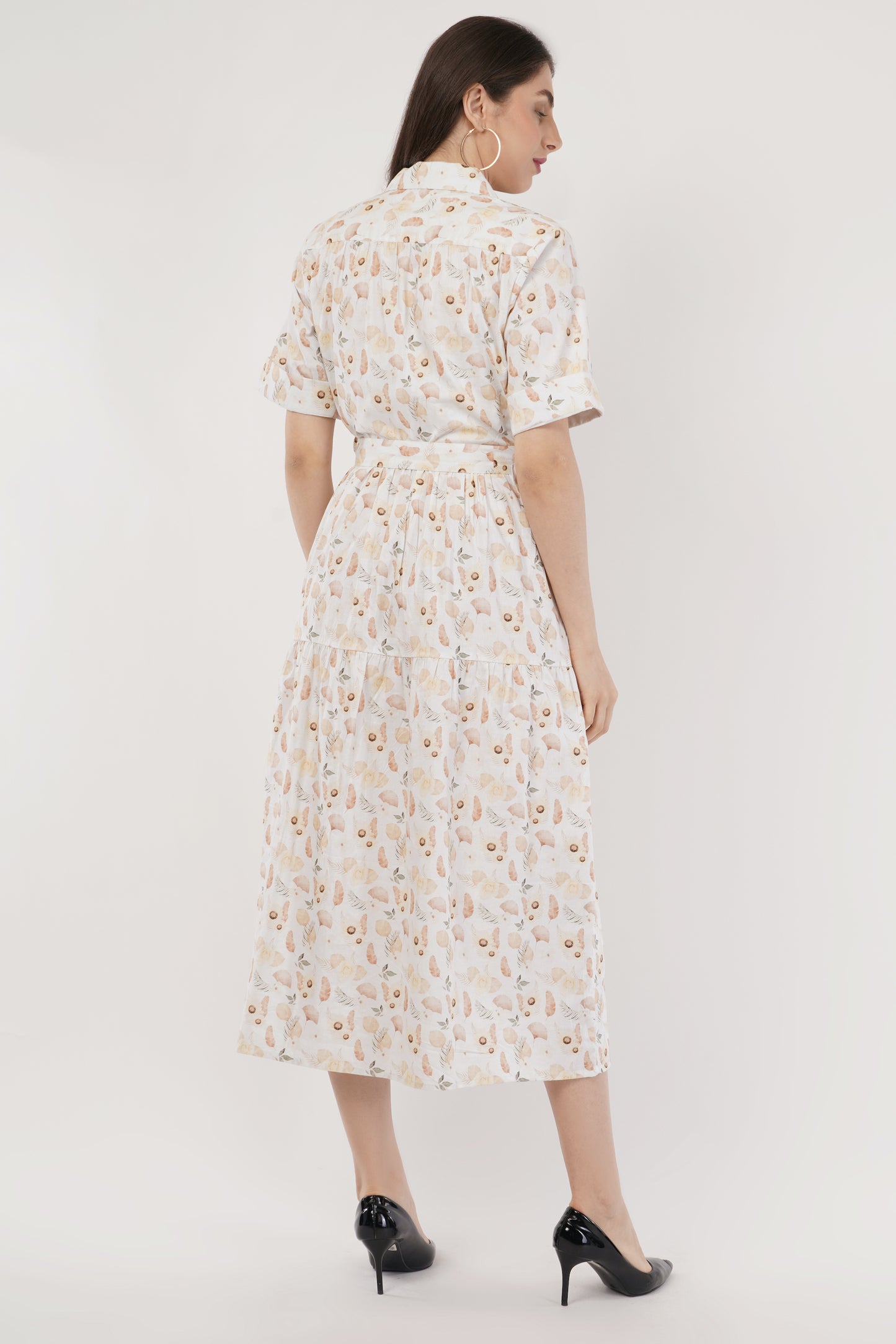 Nellie  Peach Botanical Print Cotton Midi Shirt Dress with Belt