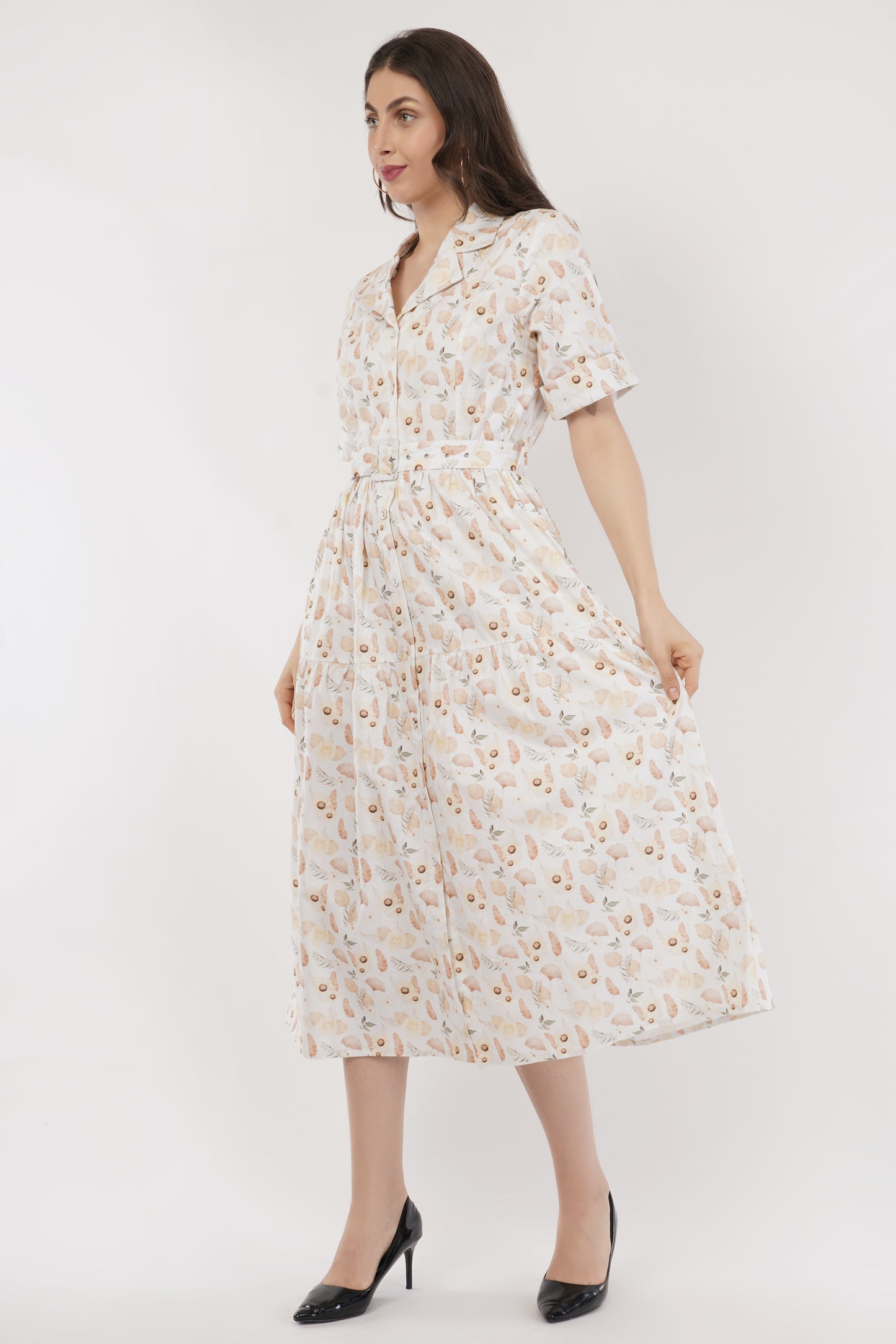 Nellie  Peach Botanical Print Cotton Midi Shirt Dress with Belt