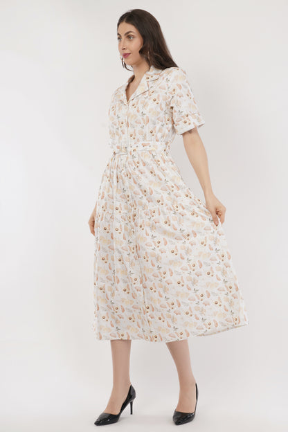 Nellie  Peach Botanical Print Cotton Midi Shirt Dress with Belt