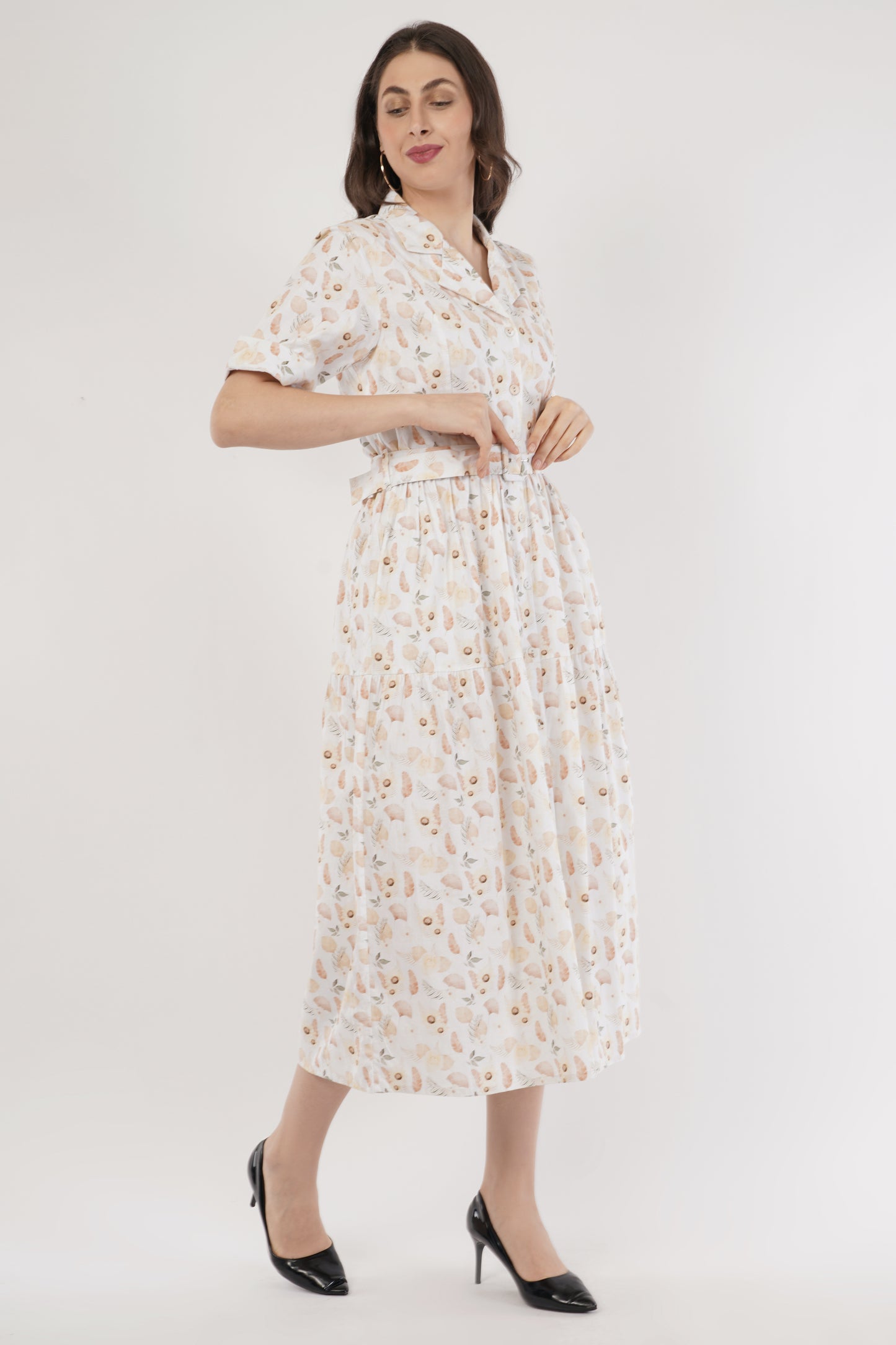 Nellie  Peach Botanical Print Cotton Midi Shirt Dress with Belt