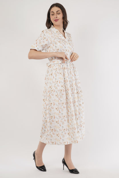Nellie  Peach Botanical Print Cotton Midi Shirt Dress with Belt
