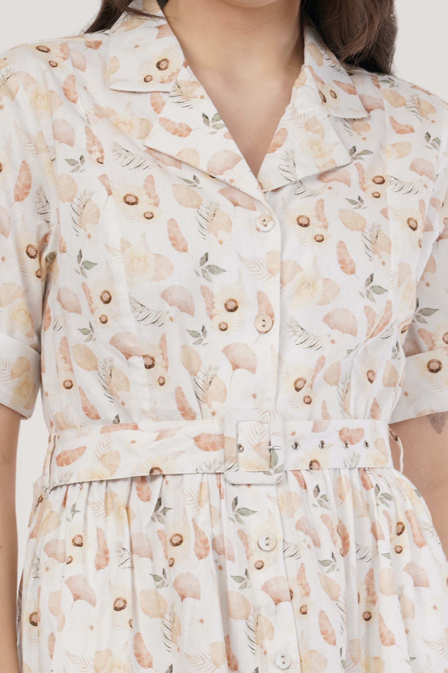 Nellie  Peach Botanical Print Cotton Midi Shirt Dress with Belt