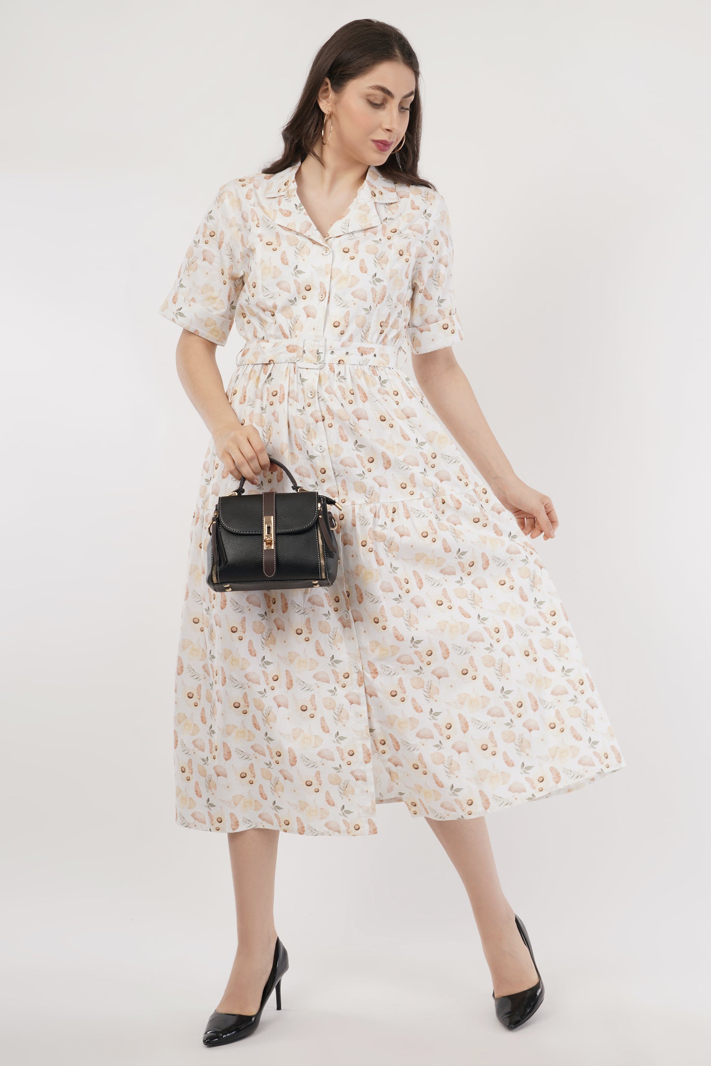 Nellie  Peach Botanical Print Cotton Midi Shirt Dress with Belt