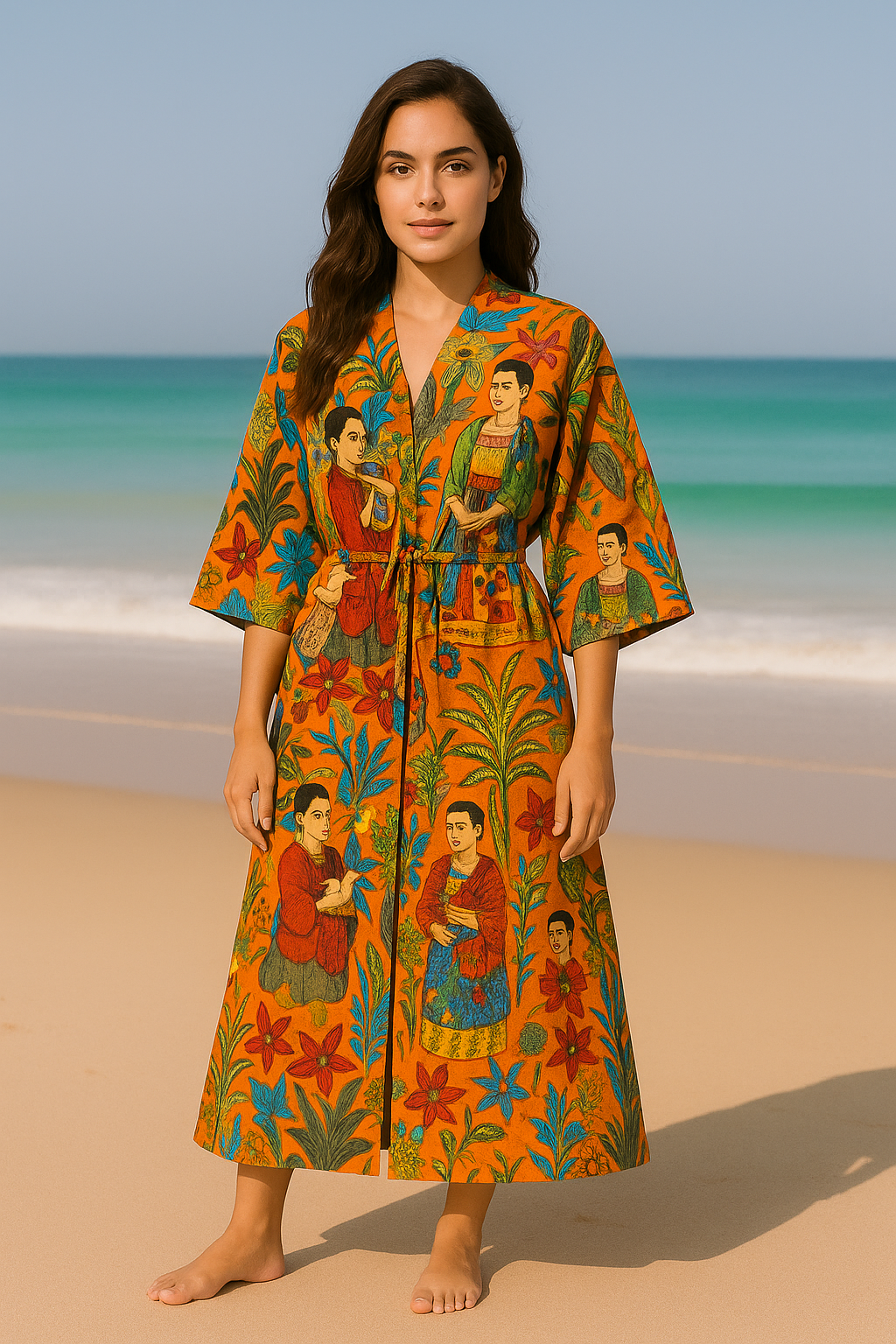 Cotton Printed Mustard Kahlo Kimono Kaftan Bathrobe