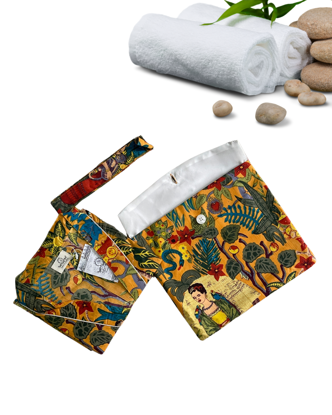 Cotton Printed Orange Kahlo Kimono Kaftan Bathrobe