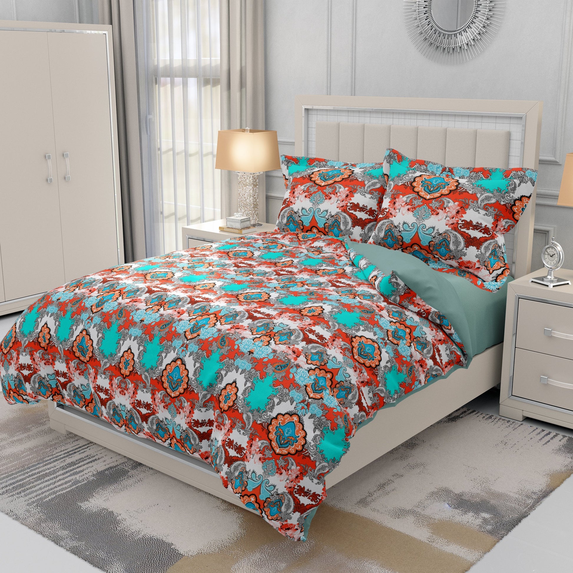 Paisley Elegance Quilt Cover Set - Vibrant Red & Teal Hues for a Stylish Bedroom Retreat - Adore India   